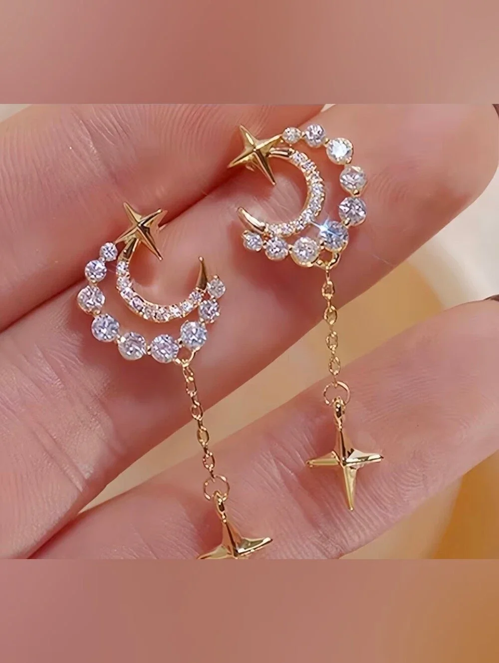 $8 Each Or Bundle 5/$20 Gold Moon & Star Drop Earrings with Clear Crystals